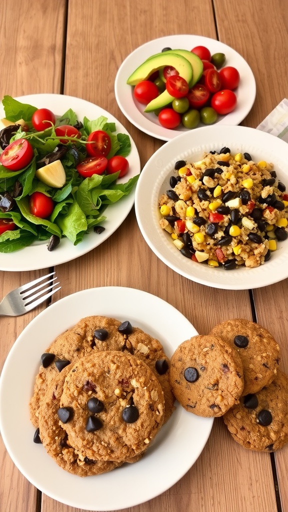 A beautifully arranged table featuring a colorful vegan salad, quinoa with black beans, and banana oat cookies.